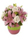 Composizione con rose bianche e lilium rosa